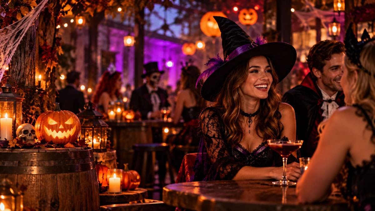 Friends in Halloween costumes celebrating at a decorated venue with glowing pumpkins, candles and spooky decorations.